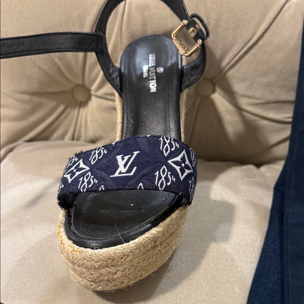 Louis Vuitton Navy Monogram Jute Platform Sandal